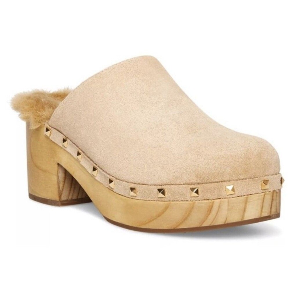 EUC Steve Madden Brooklyn Taupe/ Stone Suede Wood Sole Mule Clogs Womens sz 7.5